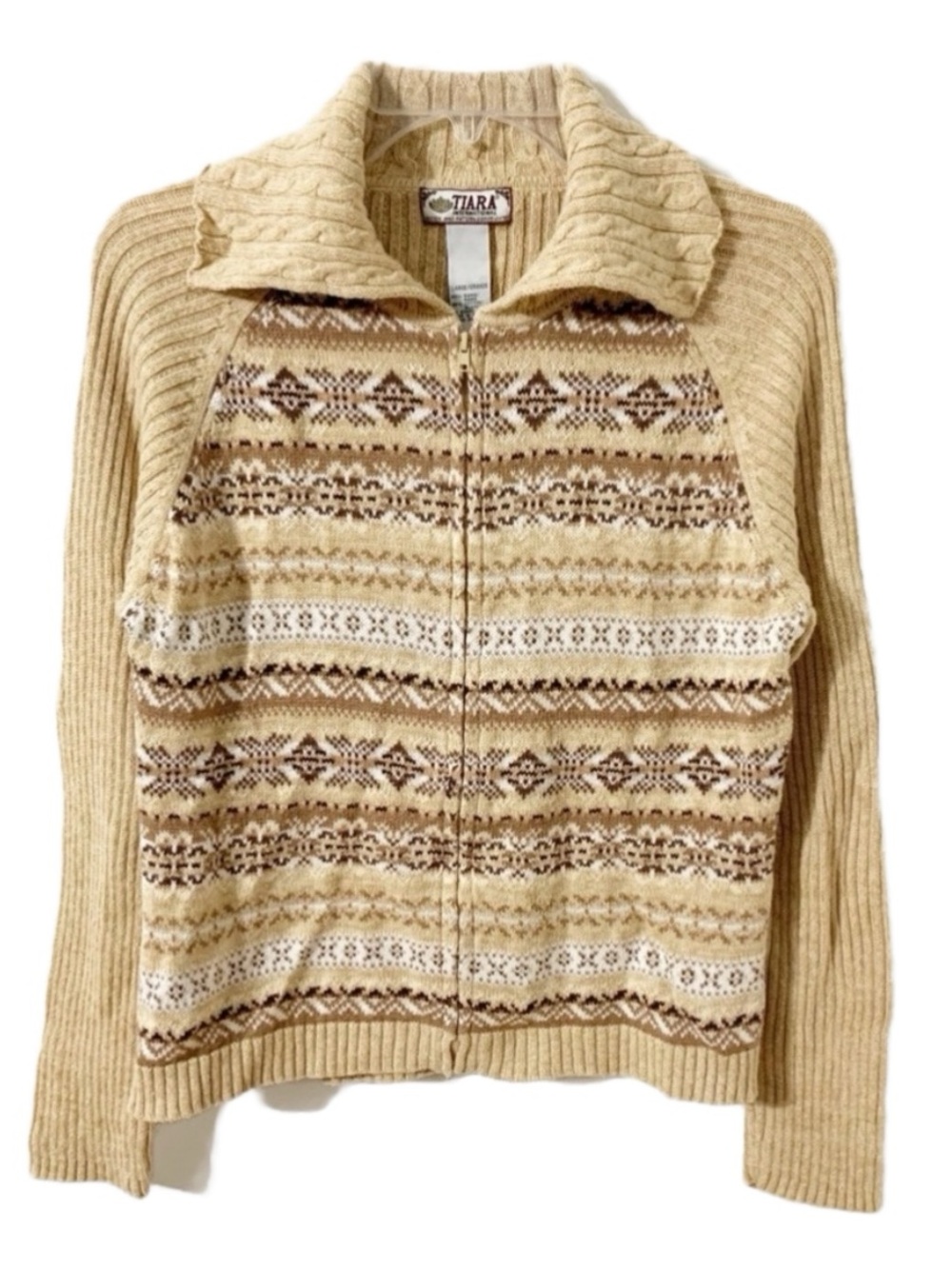 Vintage Tiara Cotton Blend Zip Front Cable Knit Collar Cardigan Sweater Size L